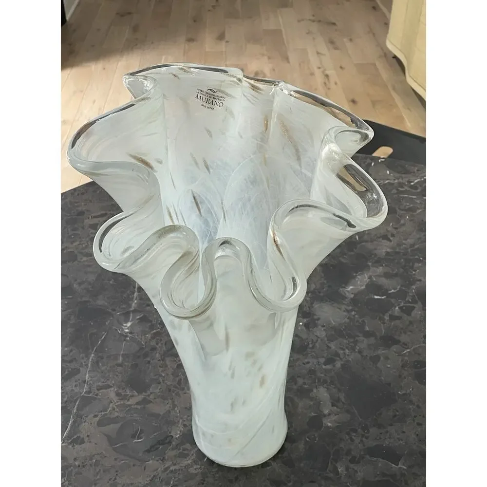 Vintage Murano Art Glass Whit Swirl & Copper Flecks Handkerchief Vase MCM Italy